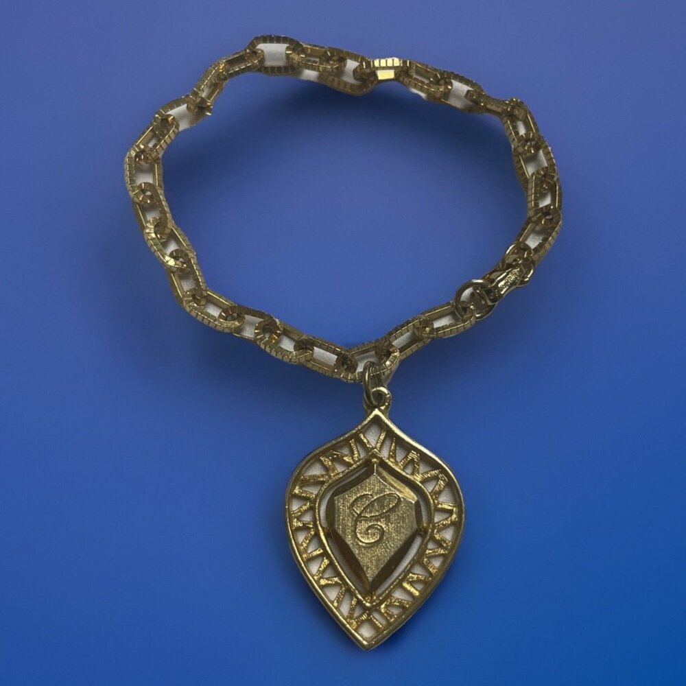 Vintage Sarah Coventry C Monogram Shield Charm Bracelet Gold-Tone Linked Signed